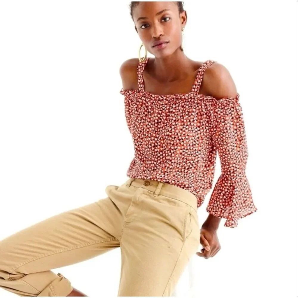 J. Crew 100% Silk Cold Shoulder Top Blouse in Heart Print Rustic Rose Sz 14